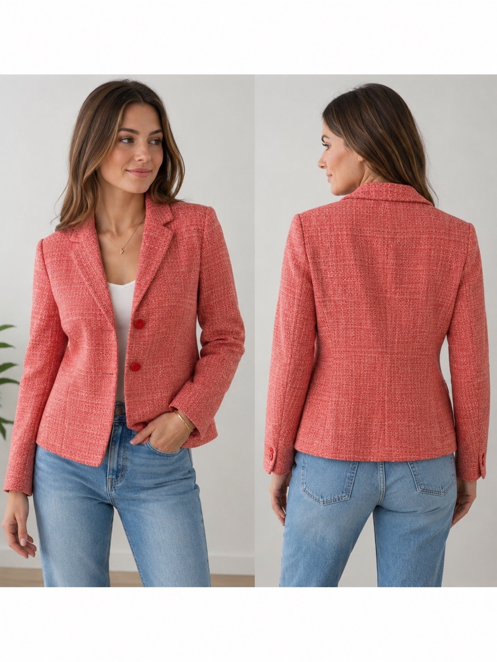 Women's Coral Tweed Blazer Jacket - Classic Tailored Style